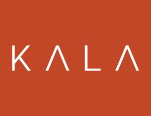 White logo for Kala over brick color background