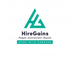 Hire gains logo showing the words 'People Environment Results' as our purpose, and 'Work with Purpose' as our overarching mission