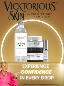 A display of the Vicktorious Skin luxury skincare line, featuring Vivacious Micellar Cleansing Water, Vicktory Detoxifying Charcoal Mask, Vibrant Bakuchiol Eye Cream, and Vitalizing Daytime Ageless Moisturizer.