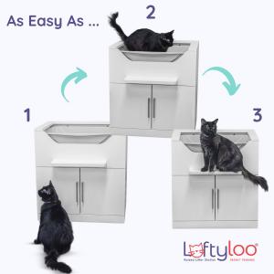 LoftyLoo elevated litter box station for cats, offering accessibility and comfort with a modern design. It's dog-proof, baby-proof, and compatible with pet stairs, making it the perfect elevated litter box solution for pet owners seeking convenience and safety.