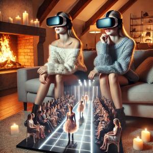 Two young women sit comfortably on a cozy couch by a warm fireplace, both wearing sleek VR headsets. They appear fully immersed in watching a fashion show. In front of them, a dynamic 3D runway emerges, showcasing models walking down an illuminated catwal