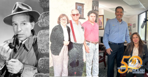 A  compound image of 3 scenes including a black and white photo of actor Lloyd Nolan, a vintage photo of a family in front of their home, and the CEO and a director of JNCS at the office.