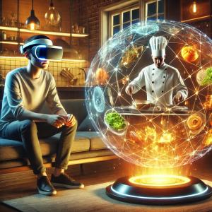 A futuristic scene featuring a person wearing a sleek VR headset, seated on a modern couch, watching a glowing holographic orb. Inside the orb, a chef is actively cooking, surrounded by vibrant, floating ingredients and kitchen tools. The environment is i